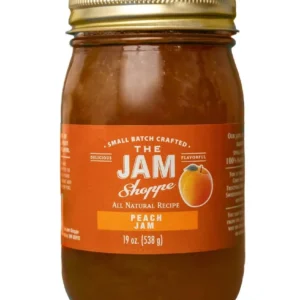 A jar of peach jam is shown.