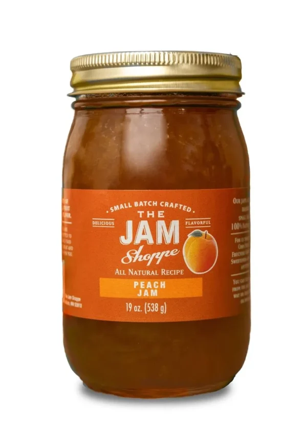 A jar of peach jam is shown.