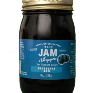 A jar of blueberry jam is shown.