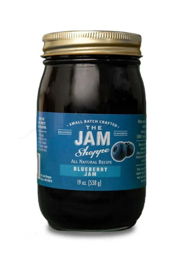 A jar of blueberry jam is shown.