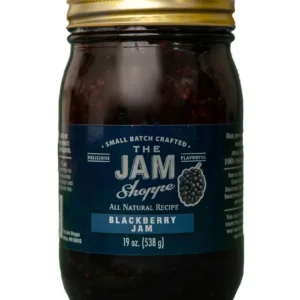 A jar of blackberry jam is shown.