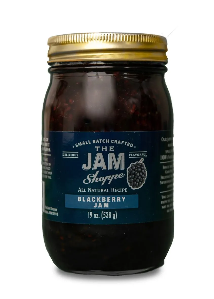 A jar of blackberry jam is shown.