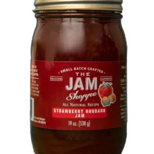 A jar of strawberry rhubarb jam is shown.