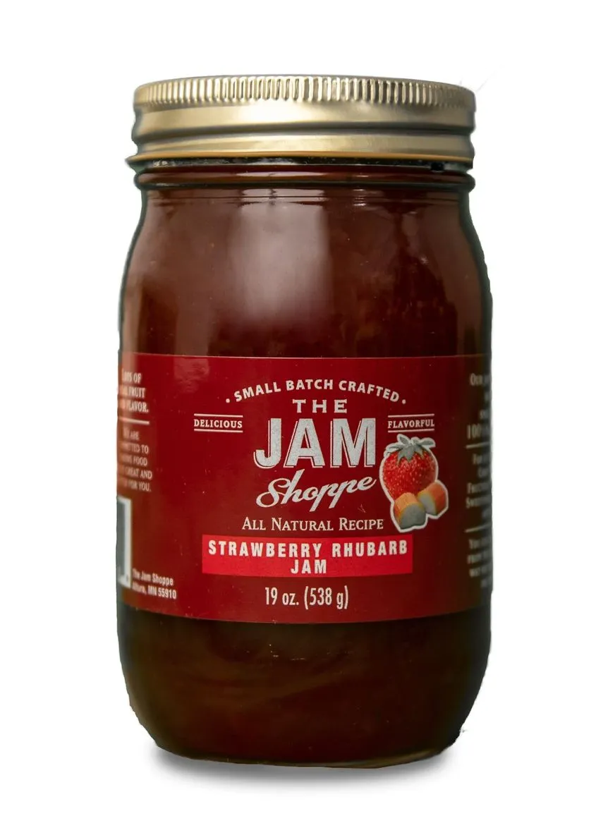 A jar of strawberry rhubarb jam is shown.