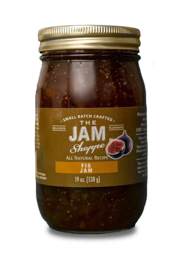 A jar of jam with a brown label on it.