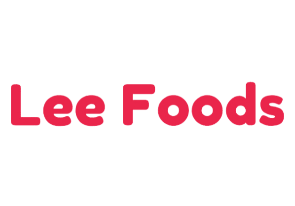 A green background with the words lee foods in red.